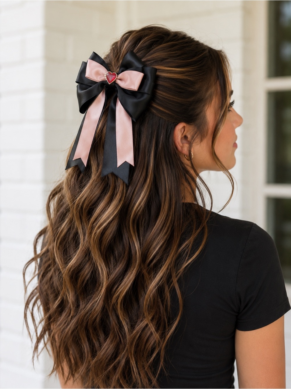 Hand Crafted Black & Blush Ribbon Bow Hair Clip with Heart Accent
